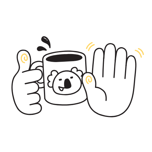Fun illustration of a hand giving a thumbs up and a high five next to a coffee mug featuring the Hi Anthony Café koala mascot.