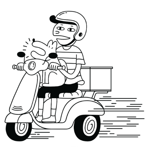 Cartoon illustration of a rider on a scooter delivering coffee with a dog riding in front, in Hi Anthony Café’s playful art style.