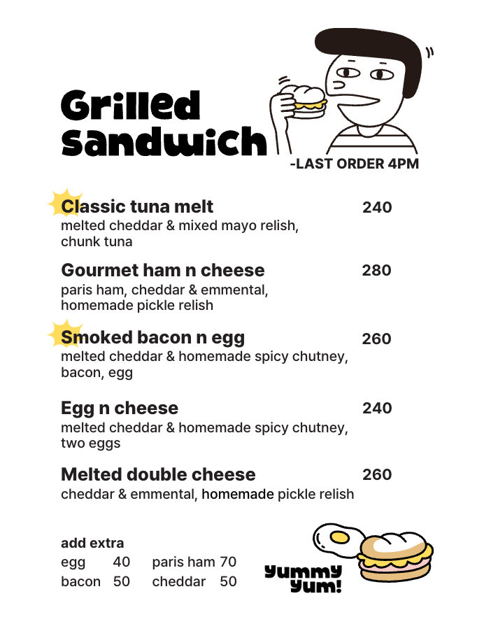 Hi Anthony Café menu featuring white coffee, black coffee, matcha from Jeju, non-coffee drinks, and grilled sandwiches with prices.