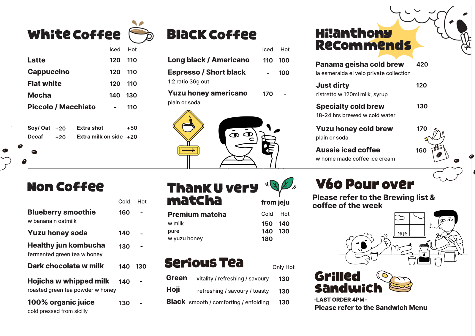 Hi Anthony Café menu featuring white coffee, black coffee, matcha from Jeju, non-coffee drinks, and grilled sandwiches with prices.
